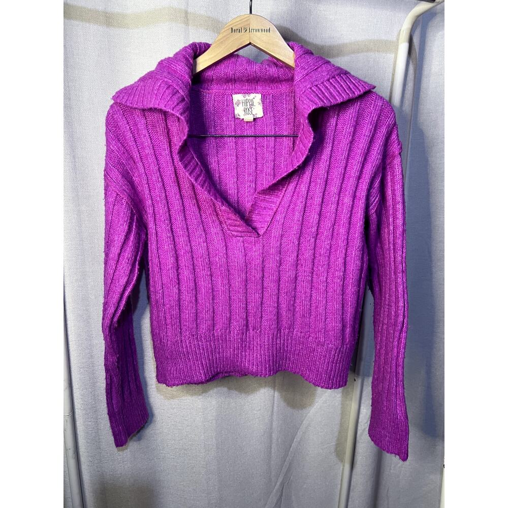 Hippie Rose Bright Pink‎ Ribbed V Neck Collared Cropped Knit Sweater